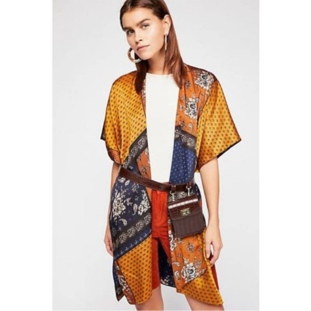 Free People Mon Cheri Silky Patchwork Kimono One Size NWOT